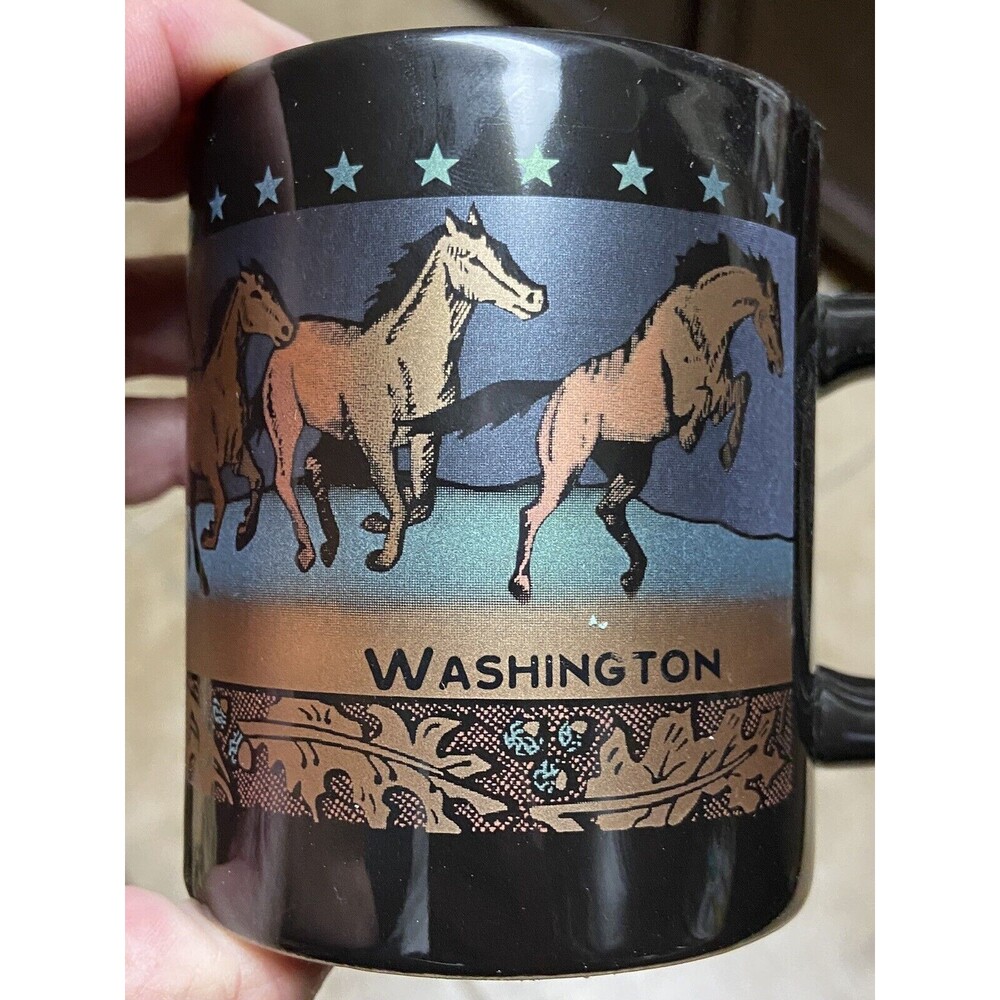 Vintage Washington Black & Gold Equestrian Wild Horses MINTY Coffee Mug